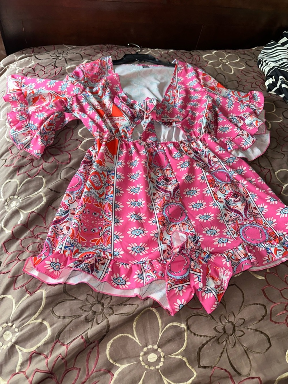 SHEIN Pink Paisley Floral Ruffle Romper